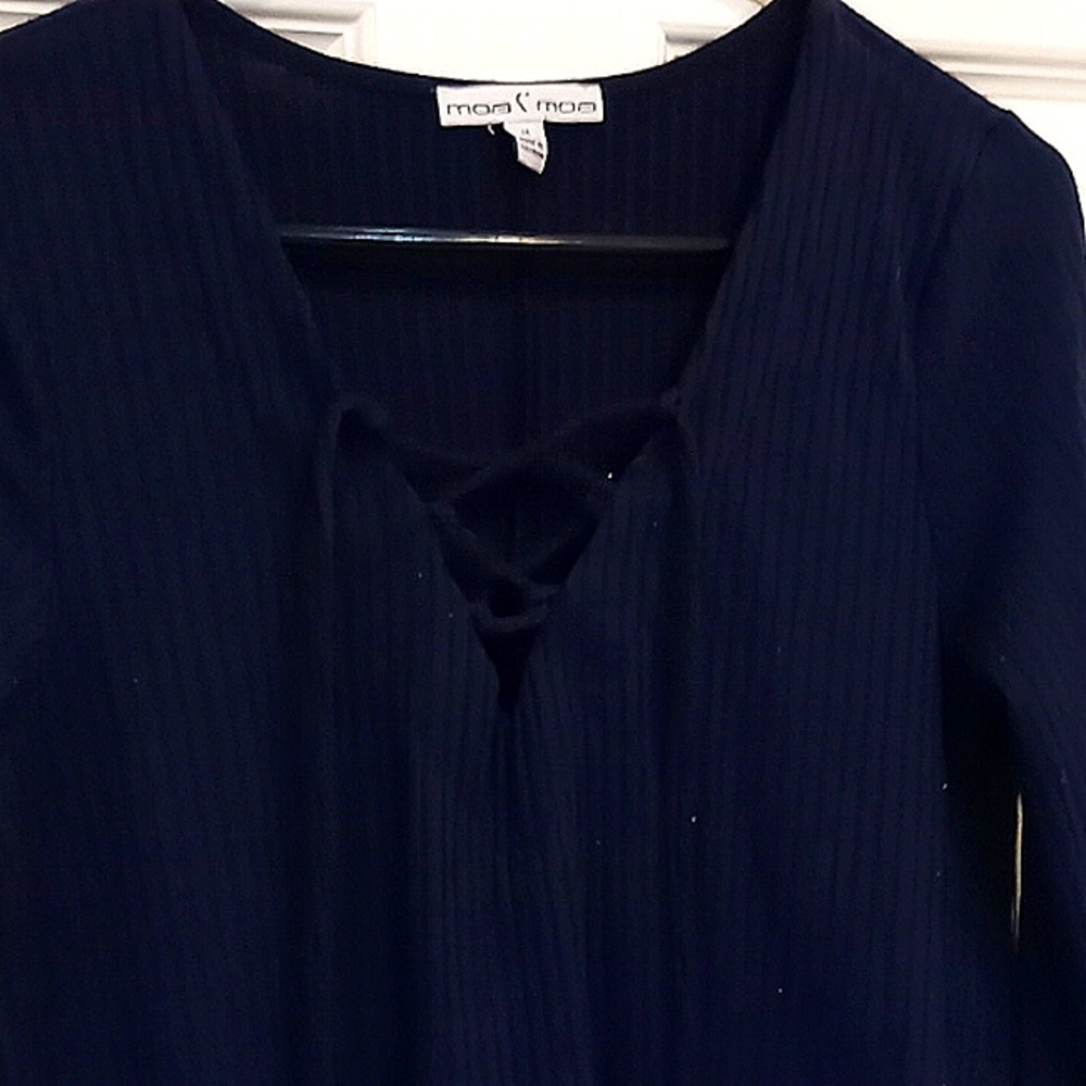 Bell Sleeve Navy Lace Up V neck Sweater Dress